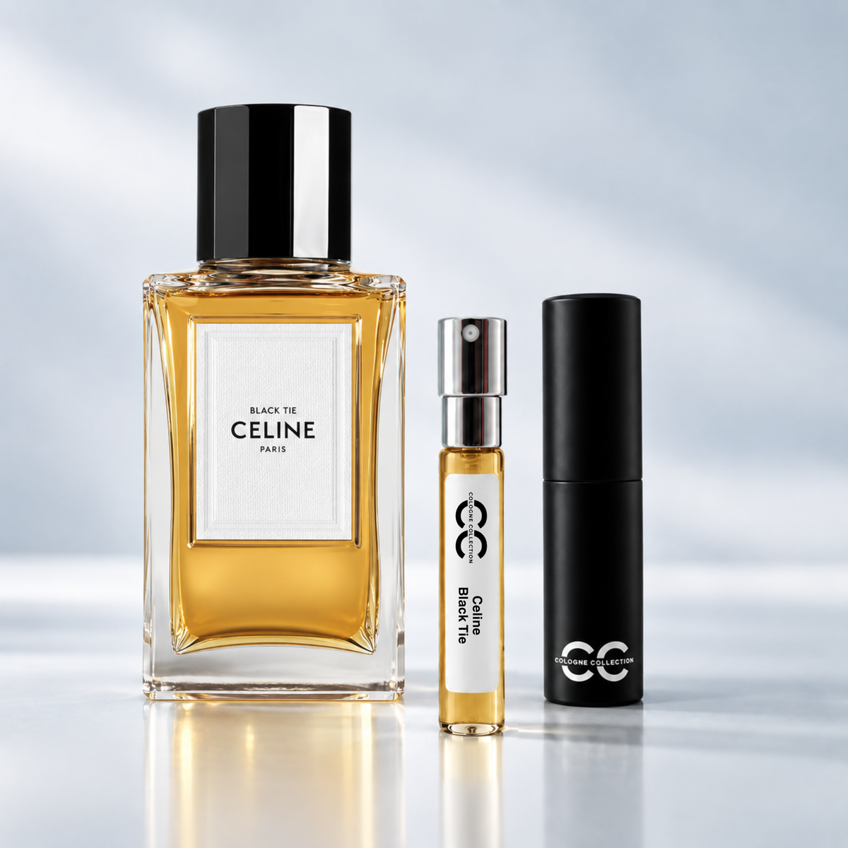 Celine Black Tie perfume bottle with 10ml fragrance sample and Cologne Collection travel atomiser