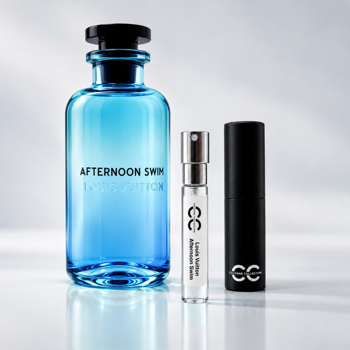 Louis Vuitton Afternoon Swim perfume bottle with 10ml fragrance sample and Cologne Collection travel atomiser