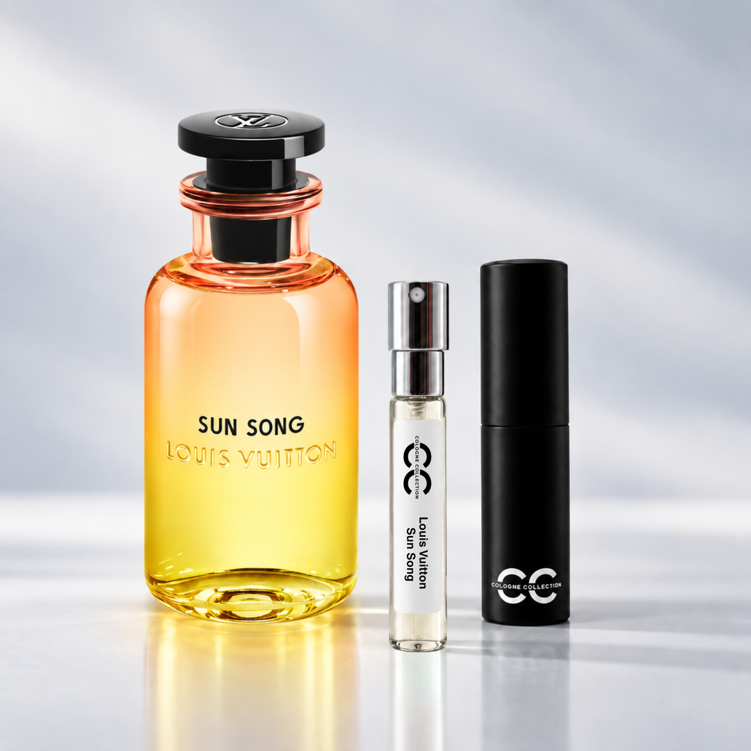 Louis Vuitton Sun Song perfume bottle with 10ml fragrance sample and Cologne Collection travel atomiser
